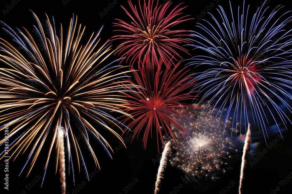Poster colorful fireworks explode in the night sky, creating a vibrant display of light and patterns, perfe