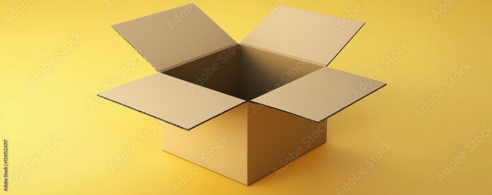 Poster an open cardboard box sits on a bright yellow background, creating a minimalistic and vibrant visual