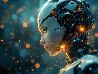 a close-up portrait of a robot's head malfunctioning, with sparks and wires flying out, against a dark metallic background,