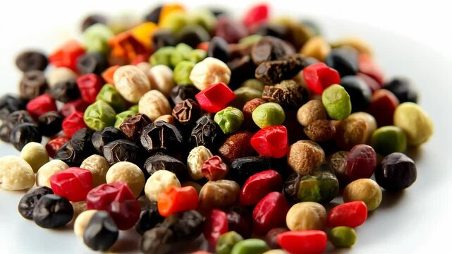 Colorful assortment of spices and seeds arranged on a plate showcasing their vibrant hues and textures in natural light
