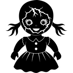 Creepy doll with cracked porcelain face silhouette vector illustration 