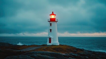 Obraz premium Lone Lighthouse on Jagged Rock at Sunset