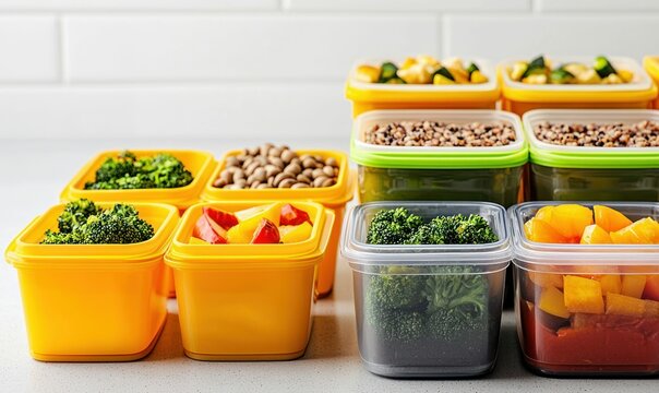 Assorted fresh vegetables and lentils are neatly packed in colorful meal prep containers.