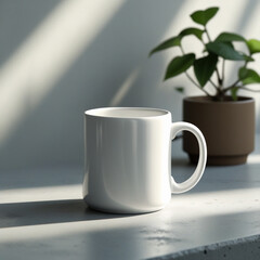 Obraz premium A white ceramic coffee mug on a gray concrete countertop, surrounded by a small potted plant, is set in a minimalistic, calm setting with a neutral color palette. Soft natural light casts subtle shado