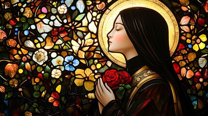 Stained glass art of Saint Therese of Lisieux, depicted in prayer, holding roses close to her chest, golden halo glowing gently, surrounded by intricate patterns of flowers, stars, and light rays,