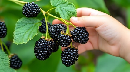 Child's hand picking ripe blackberries from bush.