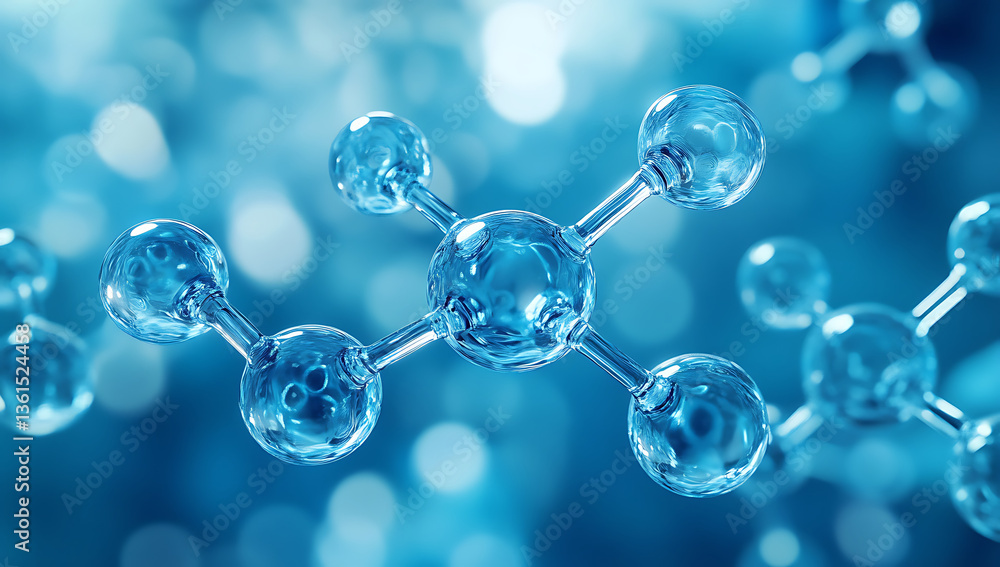 Poster close up of a molecule structure with transparent spheres and connecting rods on a blue background