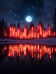 Moonlit Winter Landscape with Red Illuminated Trees and Water Reflection