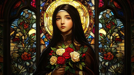 Stained glass art of Saint Therese of Lisieux, holding a bouquet of roses with a serene expression, gazing heavenward, a glowing golden halo around her head,