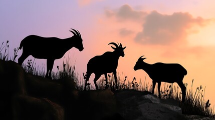 Silhouettes of goats on a mountain at sunset. Stock photo