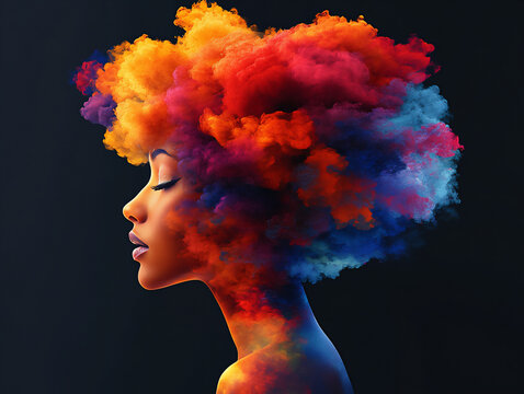 a close-up portrait of a woman's head exploding with vibrant colors and abstract shapes, against a black background,