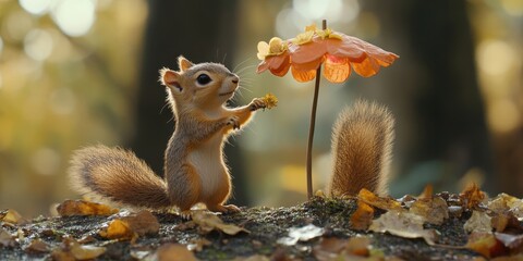 Obraz premium Autumn Squirrel's Delight: A charming squirrel, surrounded by the rich hues of autumn, seems to be holding a playful interaction with a unique, flower-like structure.