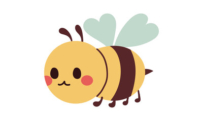 Funny honey bee flies. Cute honeybee with smile face, happy facial expression. Stylized friendly bumblebee. Adorable flying striped insect. Flat isolated vector illustration on white background