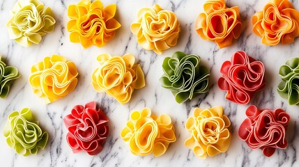 A flat lay of colorful pasta noodles styled in small piles on a marble surface. background