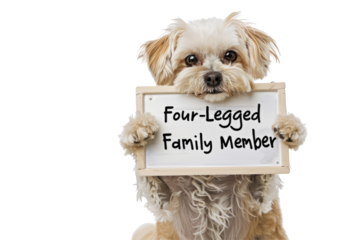 A Cute White Shihtzu Dog Hold a Signboard with Four Legged Family Member Message Posing for a Photo Png.
