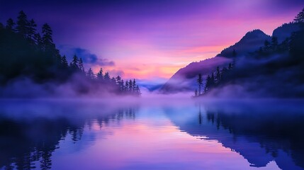 Fototapeta premium Misty Mountain Lake Sunrise Reflection - Calm and Peaceful