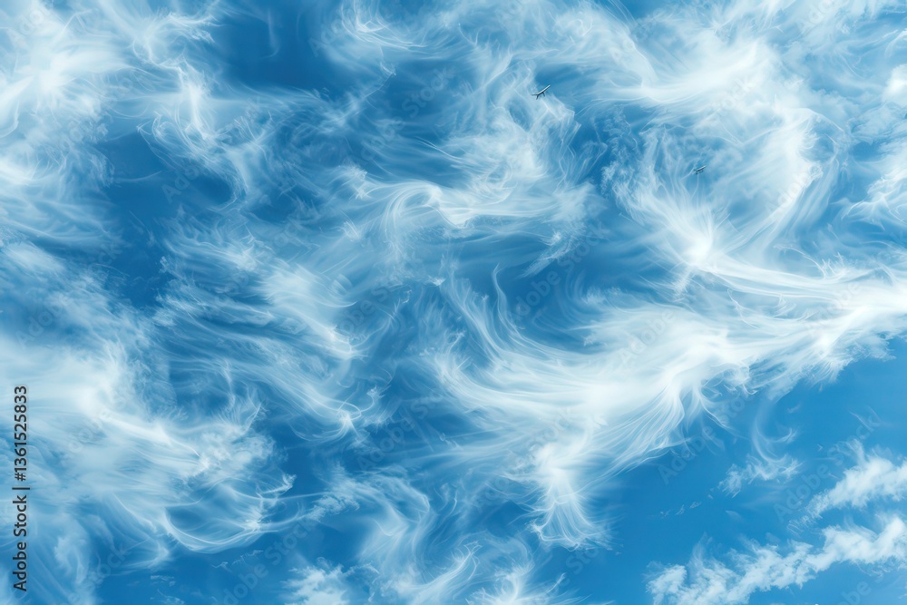 Poster a breathtaking view of wispy clouds dancing across a clear blue sky, creating a serene and ethereal 