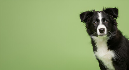 Fototapeta premium Attentive Border Collie Puppy Tilting Head Against Green Background