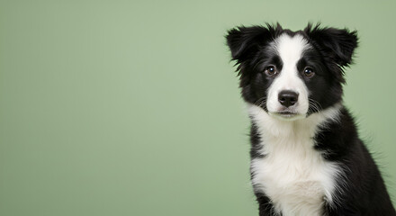 Young Border Collie Puppy Looking Direct Against Sage Green Background