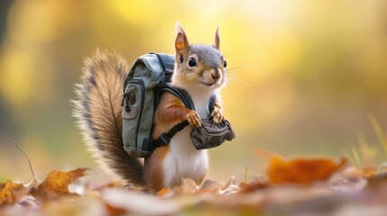 Squirrel's Adventure: A charming squirrel, fully equipped with a backpack and a camera, embarks on a delightful outdoor adventure amidst a picturesque autumn scene.