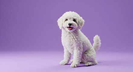 Happy White Poodle Mix Puppy Posing Against Lavender Background