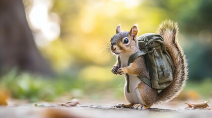 Obraz premium Squirrel Explorer: a curious squirrel embarks on an adventure, with a miniature backpack, venturing into the great outdoors, in a natural setting of the sunny park.