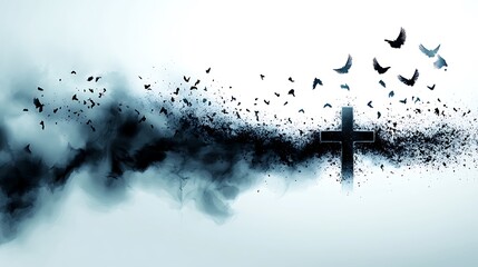 Dark cross dissolving into smoke and birds.