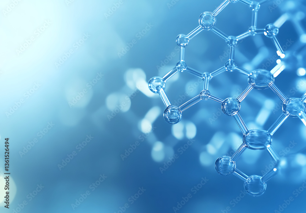 Poster close up of a clear molecular structure with blue background and soft bokeh creating a science feel