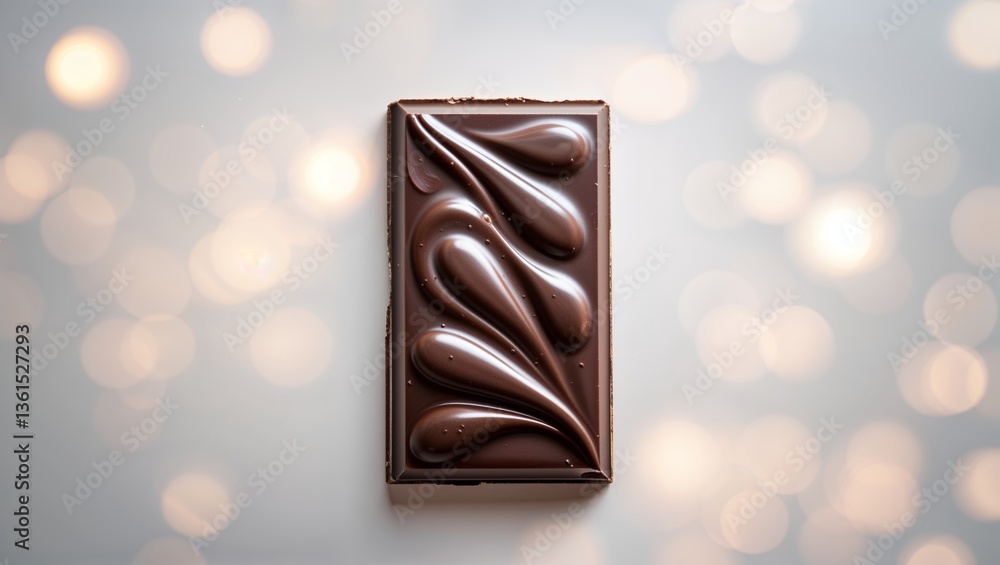 Poster delicious dark chocolate bar with elegant patterns surrounded by soft bokeh lights