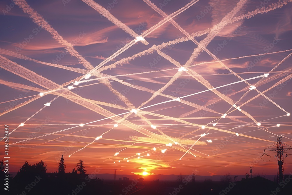 Poster a vibrant sunset is crisscrossed by numerous contrails, creating a dramatic sky filled with intersec