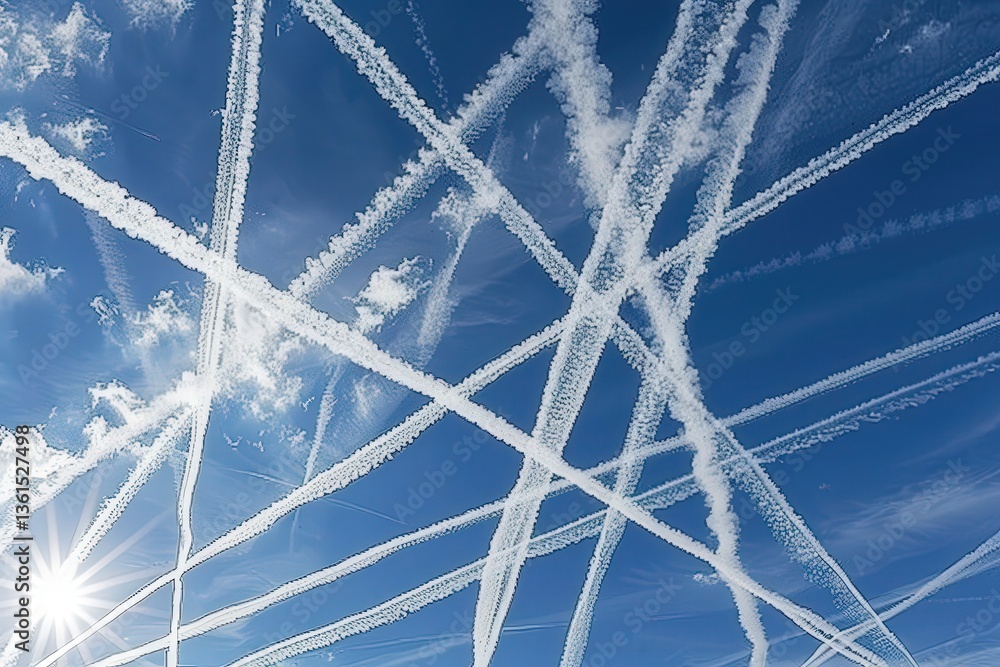 Poster the image features a bright blue sky intersected by numerous white contrails forming a complex patte