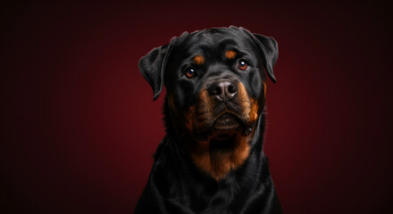 Obraz premium Alert Rottweiler Puppy Looking Intently Against Deep Maroon Background
