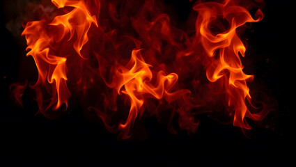 Fototapeta premium Fire Flames on Black Background, Blazing Heat Effect, Burning Flame Texture, Wildfire Flames and Sparks on Dark
