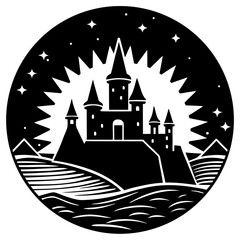 Sunrise with a mystical castle in the background silhouette vector illustration 