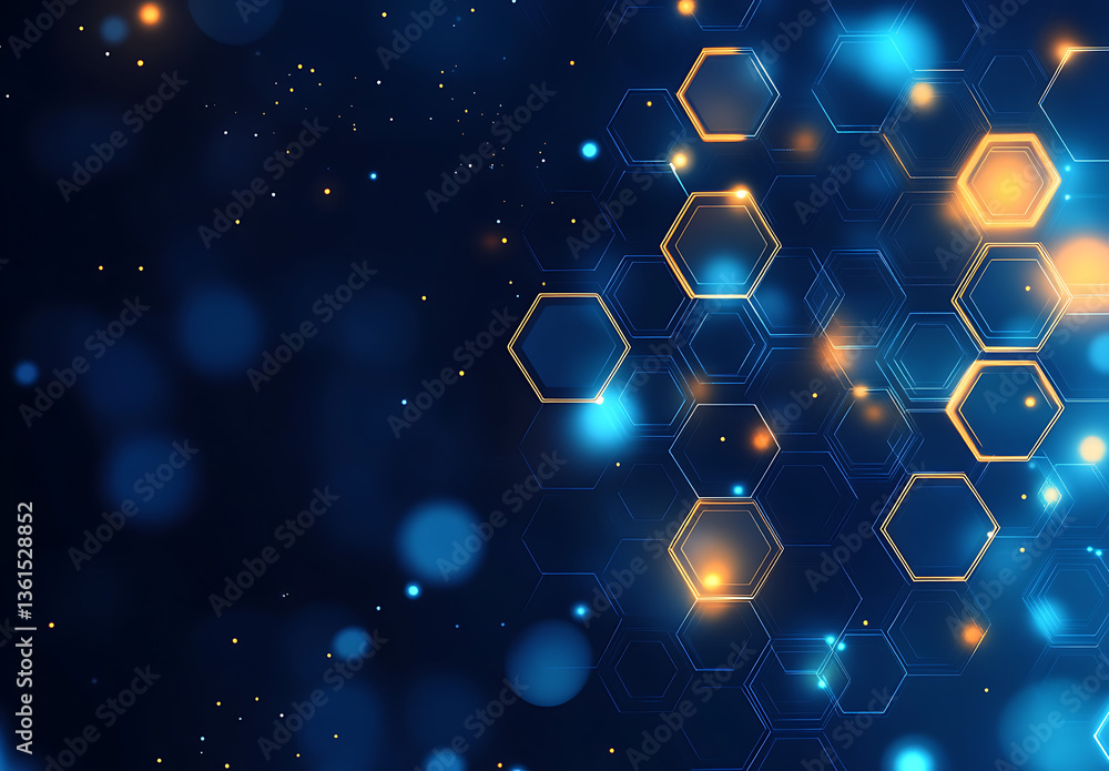 Poster abstract dark blue background with glowing hexagons and blurred lights creating a modern feel