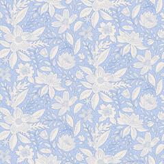 A seamless floral pattern with white hand-drawn flowers on a soft blue background. Perfect for fabric prints, wallpapers, wrapping paper, stationery, branding, home decor, invitations, packaging.
