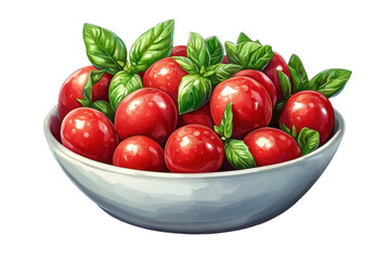 A Vibrant Bowl Overflowing With Juicy Red Cherry Tomatoes And Fresh Basil Leaves, A Summery Delight Painted With Bright, Realistic Detail Isolated on Transparent Background