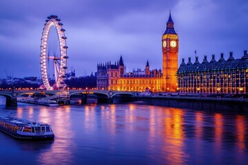 Illuminated city skyline at night showcasing London's landmarks and vibrant atmosphere, Aerial view illuminated city skyline at night London