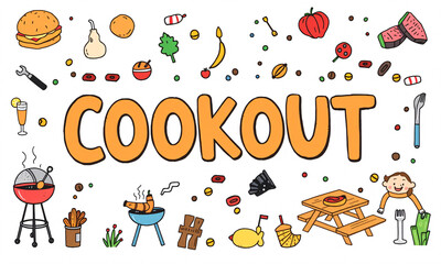 A playful hand-drawn cookout flyer featuring fun doodle-style illustrations