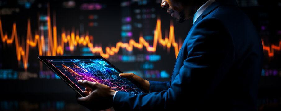 A CEO holding a tablet with a floating, glowing financial data hologram, stock market analysis, dark background, real photo - Powered by Adobe