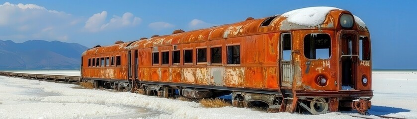Fototapeta premium A rusted, abandoned train sits on salt flats against a scenic backdrop, showcasing the passage of time and nature's reclamation.