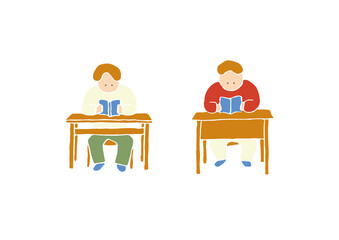 机で本を読む人物の手描きイラストセット