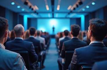 Blurred audience listens speaker at conference. Pro event in auditorium with people attending business seminar, corporate meeting. Discussion, workshop for career development.