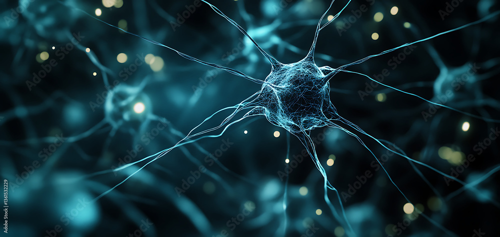 Poster close up view of neural network with glowing nodes and intricate connections in a dark environment