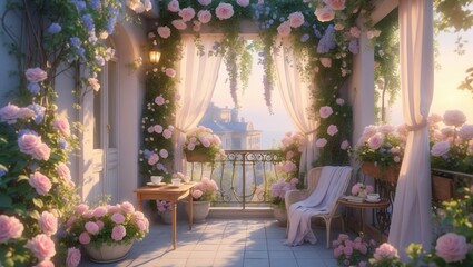 Romantic Balcony Retreat with Vibrant Flowers