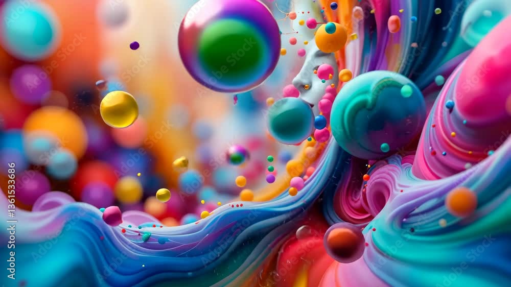 Poster abstract artwork with flowing colorful streams spheres and face portrait