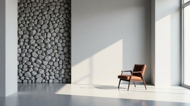 Sunlit Interior Design Featuring a Modern Leather Armchair Against a Pebble Stone Wall