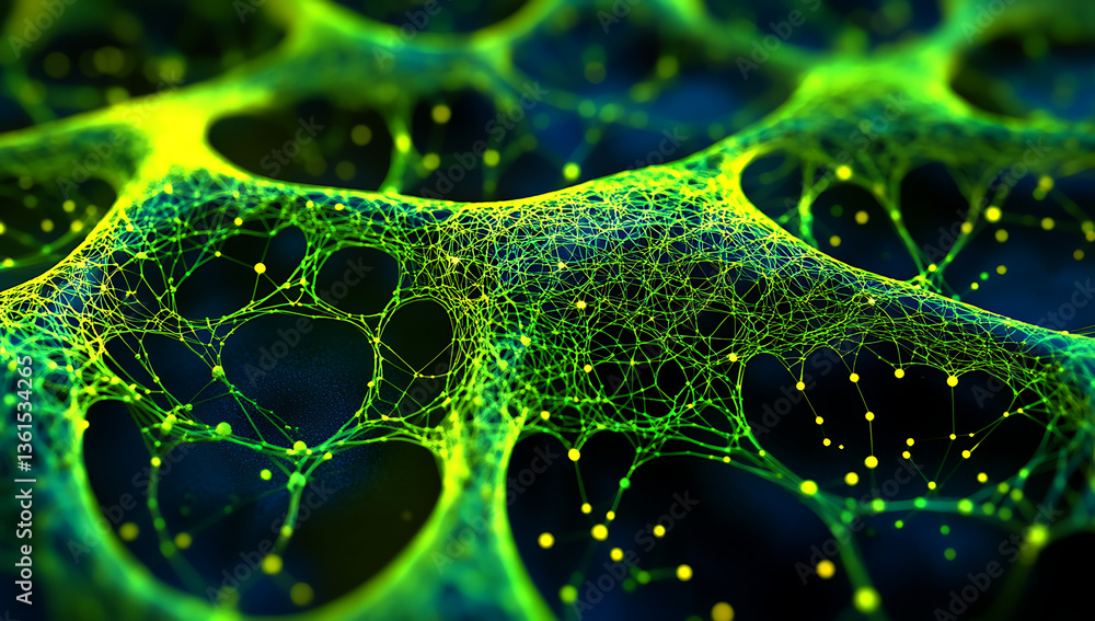 Poster a vibrant green and yellow networked structure with dark background and connecting nodes and lines