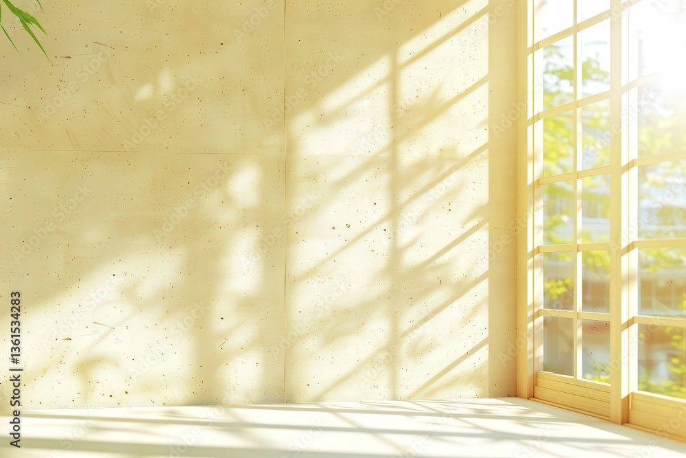 Poster a sunlit interior featuring a bright wall and large windows casting soft shadows, creating a serene 