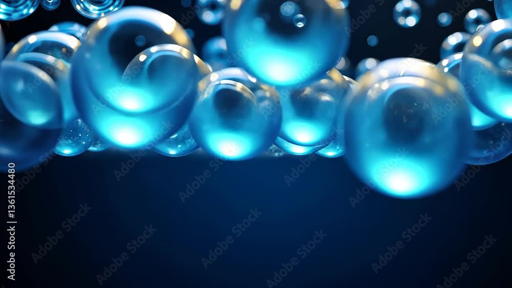 Poster abstract blue translucent spheres on dark background with varying light reflections and smooth textu